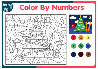 children's educational tasks, games. puzzle. coloring by numbers. Christmas tree. Christmas balls. penguin. deer.