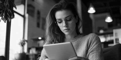 Female professional focused on work paperwork. Using a laptop and tablet in a cozy office setting.