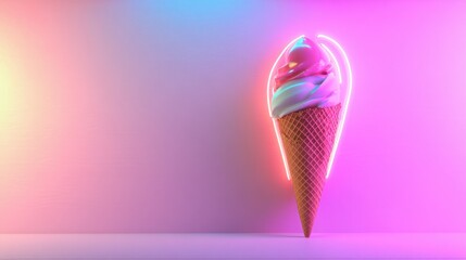 A vibrant ice cream cone with swirls of pink and white against a colorful neon backdrop.