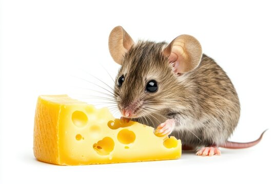 Cute mouse nibbling on a piece of cheese, isolated on white background.