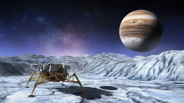 Space probe landing on rugged surface of outer planet's moon, landing legs extended, dust rising from impact, icy and rocky alien terrain.