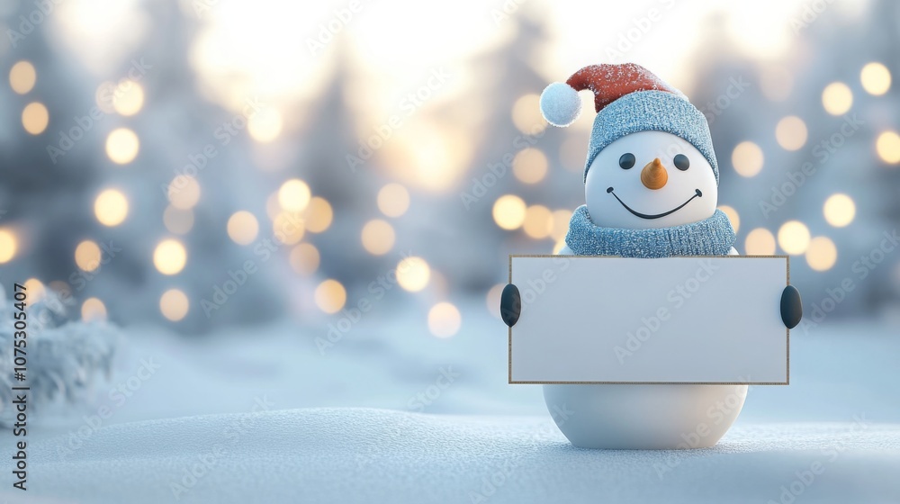 Poster a snowman with a red santa hat and blue scarf stands on a snowy surface, holding a large blank sign.
