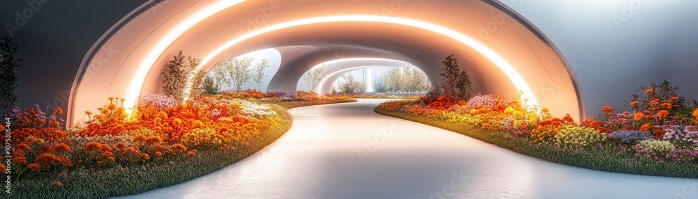 Poster a futuristic architectural tunnel illuminated by soft lights, surrounded by vibrant foliage, creatin