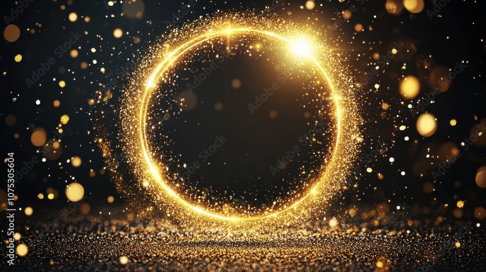 Poster a shimmering golden circle of light and sparkle against a dark backdrop, creating a magical atmosphe