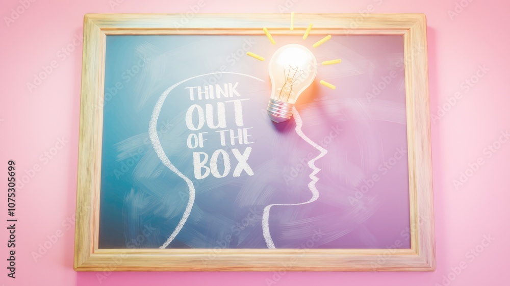 Poster a light bulb illuminating the words think out of the box written on a chalkboard.
