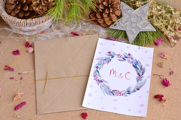 Winter christmas wedding invitation wreath monogram letters new year pine tree mistletoe berries...