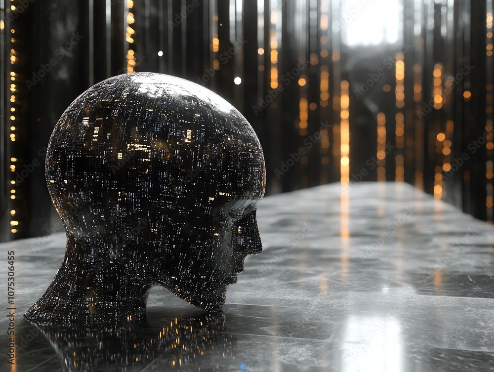 Fototapete a metallic, transparent human head with intricate circuitry inside, stands on a reflective surface i