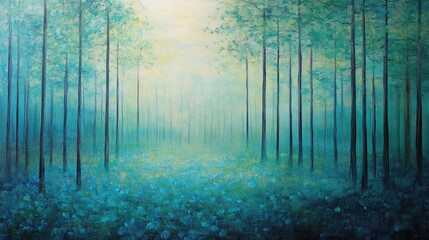 Obraz premium Oil painting depicting an expansive forest resembling a soft inviting carpet showcasing the beauty and tranquility of nature