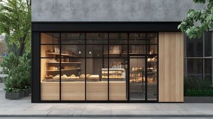 Charming Modern Coffee Shop Front with Wooden and Metal Details on an Urban Corner. AI generated illustration