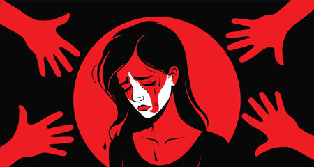 black silhouette of a woman isolated in the center against a bold red background, symbolizing urgency and danger. The silhouette is surrounded by black hands positioned in each corner