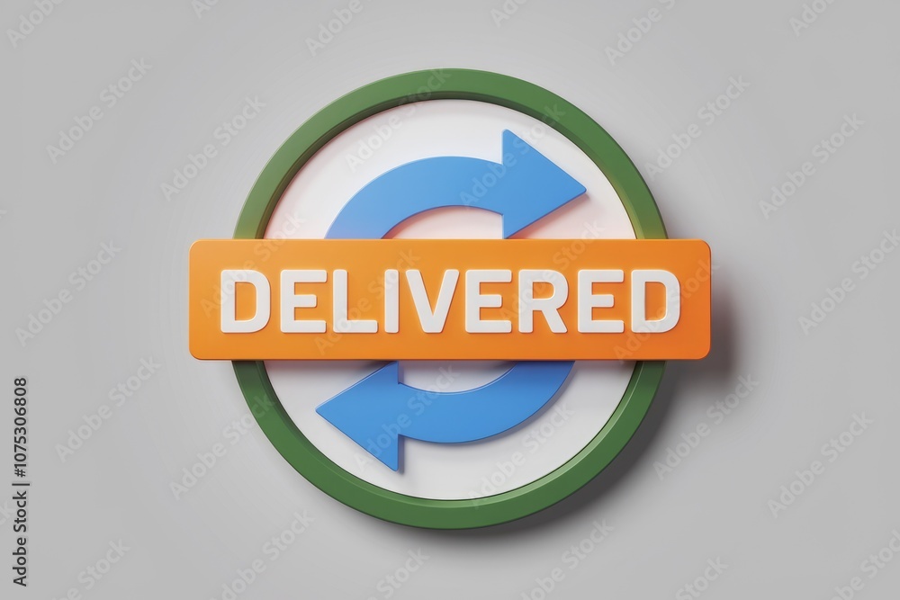 Poster a 3d circular icon with a blue arrow and the word delivered in orange.