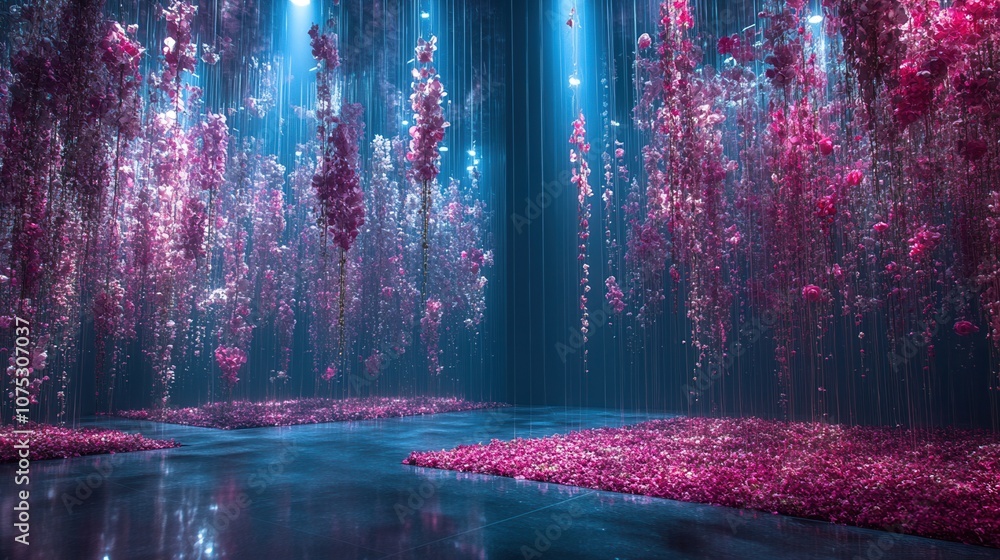 Poster a mesmerizing scene of cascading pink flowers illuminated by soft blue light, creating a tranquil an