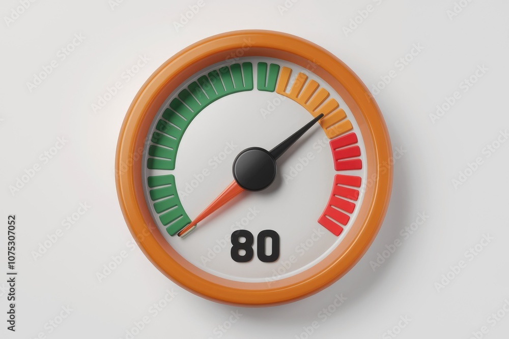 Poster orange gauge with needle pointing to 80 indicating a high level.