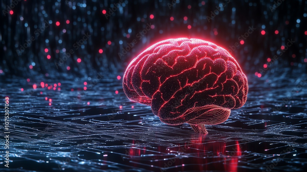 Aufkleber A glowing red human brain on a digital surface, surrounded by red and blue particles, representing neural connections or data flow.