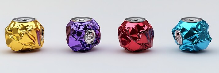Vibrant Crumpled Soda Cans in Vivid Colors on a White Background. AI generated illustration