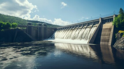 Majestic hydroelectric dam releasing water, showcasing renewable energy and industrial might.