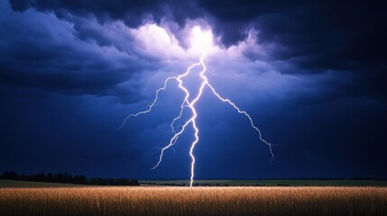 A dramatic lightning strike illuminates a dark sky over a golden wheat field, creating a powerful and intense atmosphere.