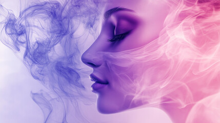 Fototapeta premium Elegant profile of a woman surrounded by ethereal pink and purple smoke, symbolizing beauty and mystery