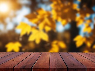 Autumn background with wooden table, yellow leaves background