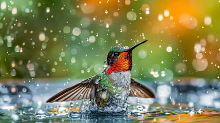 Fototapeta premium Hummingbird is standing in a pool of water, with droplets of water falling from its wings