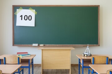 Empty classroom with a chalkboard  desks  and a toy robot.