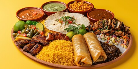 Mexican food on a plate. Includes tacos, rice, beans and cheese. Vegetarian option.
