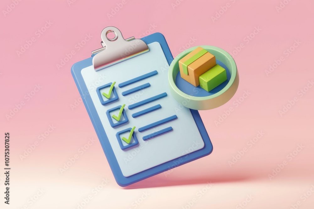 Aufkleber A checklist with three completed items  accompanied by a 3D bar chart symbol.