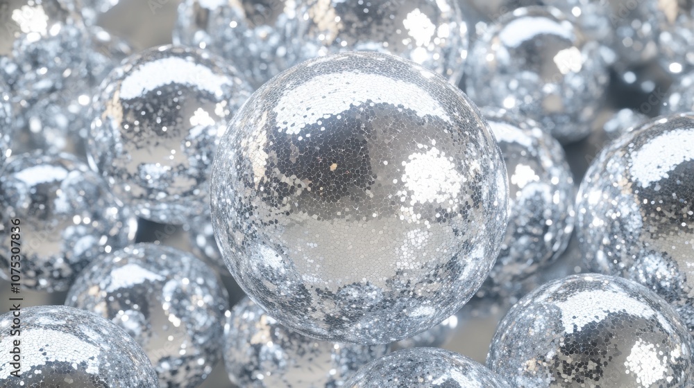 Aufkleber A mesmerizing array of shiny silver disco balls reflecting light and creating a festive atmosphere.