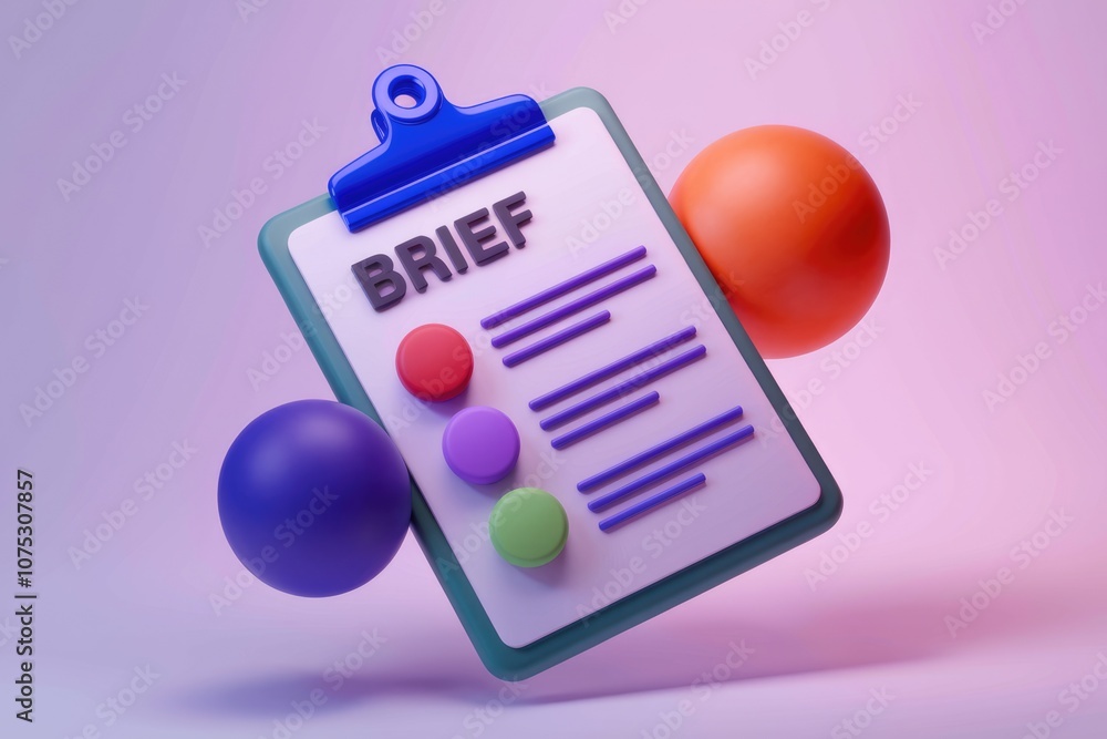 Poster a 3d illustration of a clipboard with the word brief and colored dots.