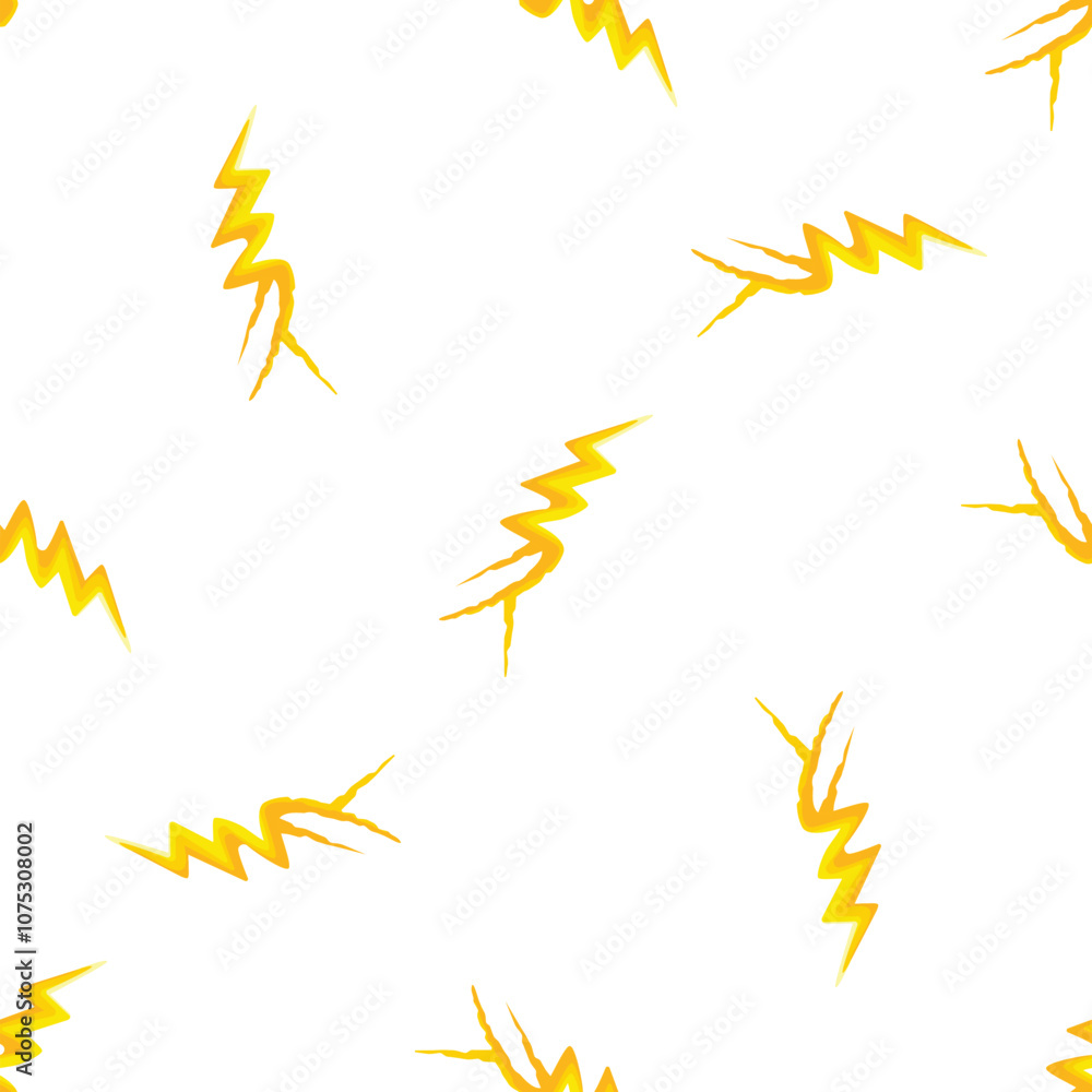 Poster seamless pattern of yellow lightning bolts striking on a white background, creating a dynamic and en