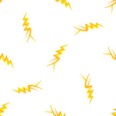 Seamless pattern of yellow lightning bolts striking on a white background, creating a dynamic and energetic design