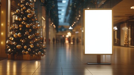 A large, empty, white sign stands on a pedestal in a shopping mall. The sign is backlit and illuminates the surrounding space. In the foreground, a Christmas tree is decorated with gold ornaments.