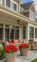 Fototapeta premium Charming Home Exterior with Beautiful Patio and Vibrant Flower Pots