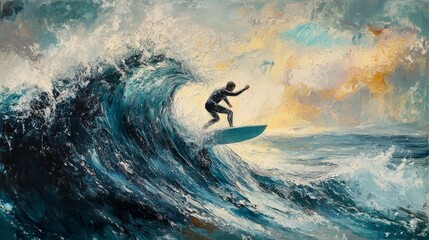 A lone surfer riding a large wave with a bright sky in the background
