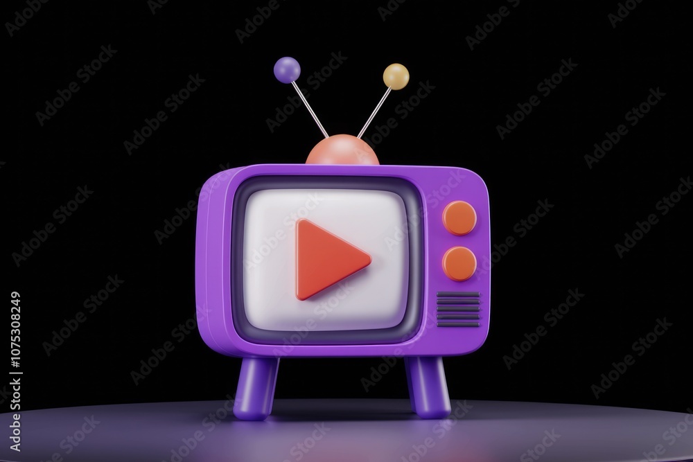 Poster a 3d cartoon rendering of a purple television with a play button.