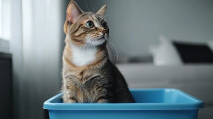 A cat sitting in a blue container, looking thoughtfully to the side.