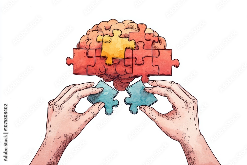 Poster hands assembling a puzzle piece brain, representing problem-solving and cognitive processes, on whit