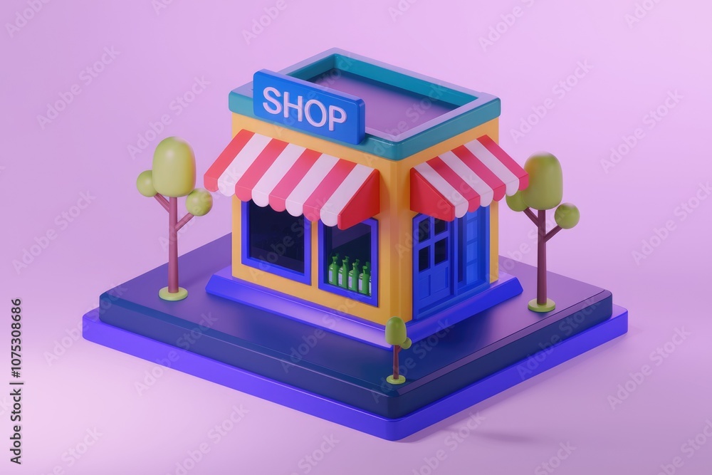 Poster a 3d cartoon rendering of a small shop with red and white striped awning