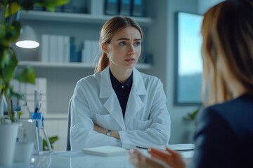 Fototapeta premium Medical professional talking with patient in office setting.