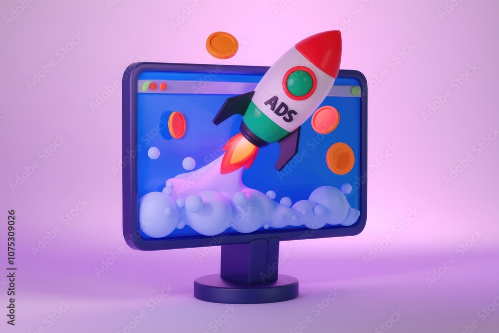 Poster a rocket labeled ads launches from a computer screen symbolizing successful online advertising.