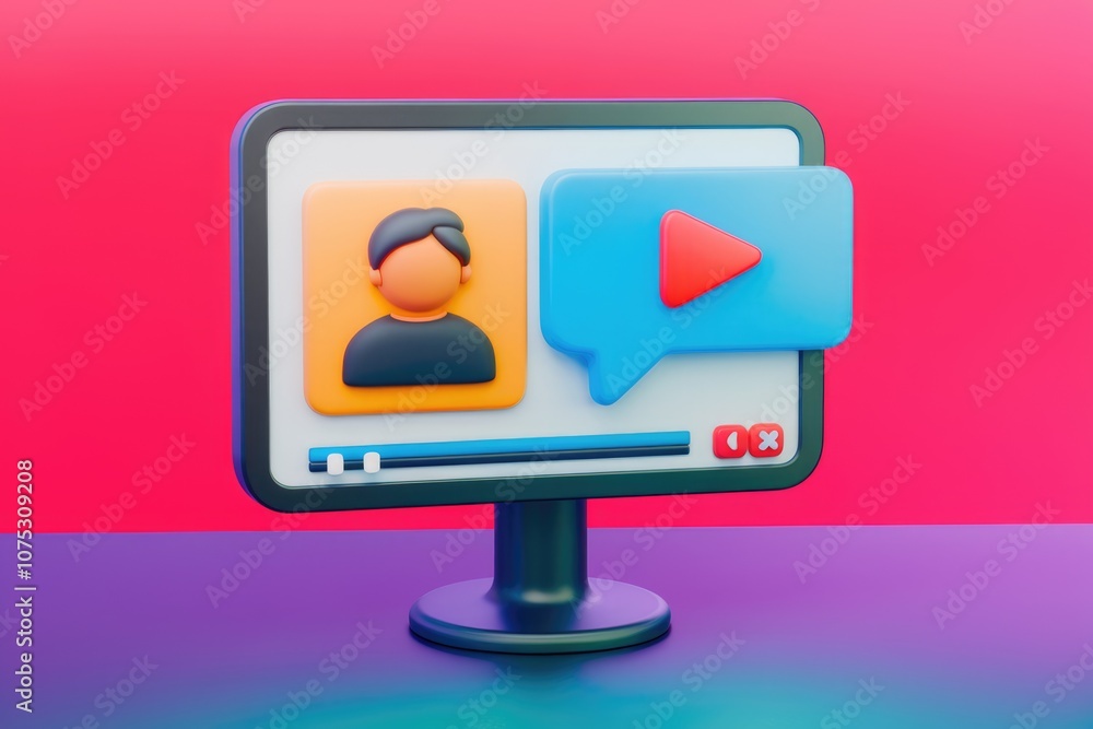 Poster 3D illustration of a computer screen with a video player and a person icon.