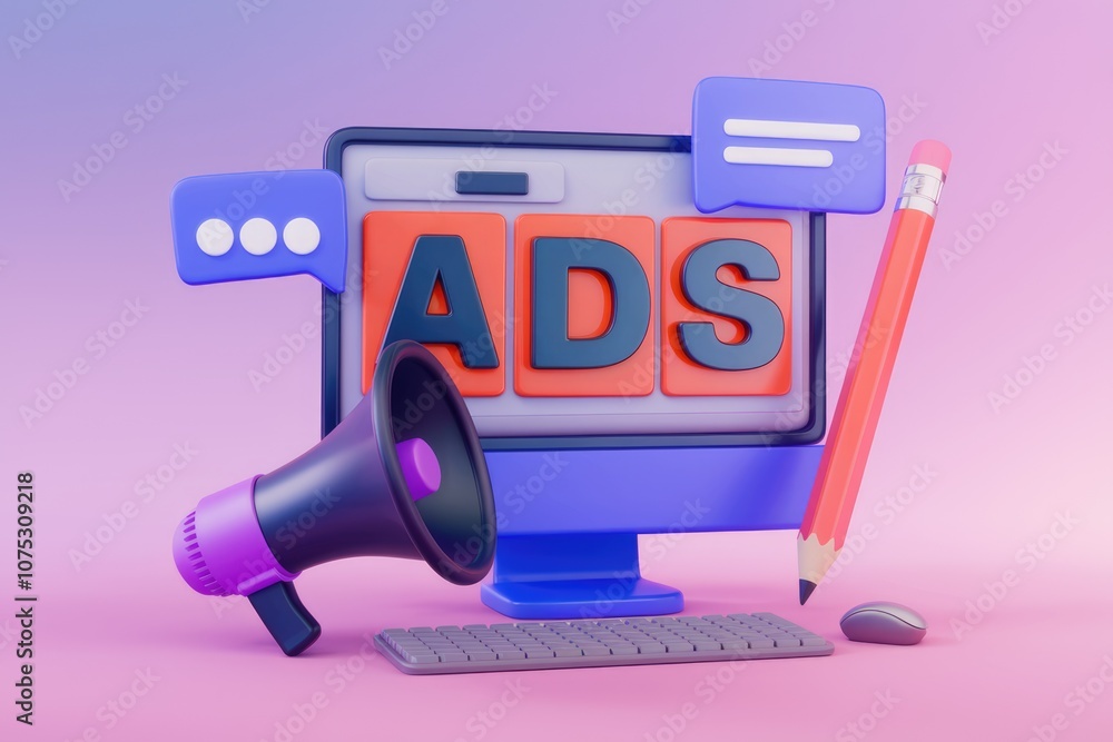 Poster 3d illustration of computer screen with ads word and marketing objects.