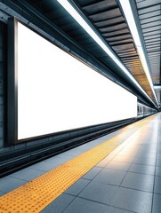 A modern train station with an empty digital information screen. The screen is white and set within a concrete structure. This image captures the waiting area of a public transit hub.