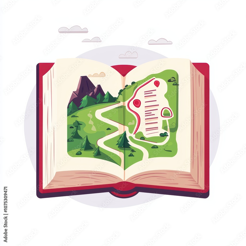 Aufkleber illustration of an open book displaying a colorful map of mountains and trails.