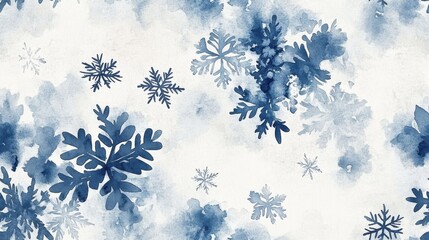 Watercolor Pattern with Blue Snowflakes on White Background