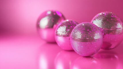 Four sparkling disco balls reflect light against a vibrant pink background, creating a fun and festive atmosphere.
