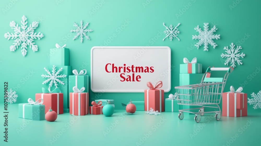 Poster A shopping cart is positioned in front of a display of presents, all wrapped in different colors and sizes, with a sign above them that reads Christmas Sale.