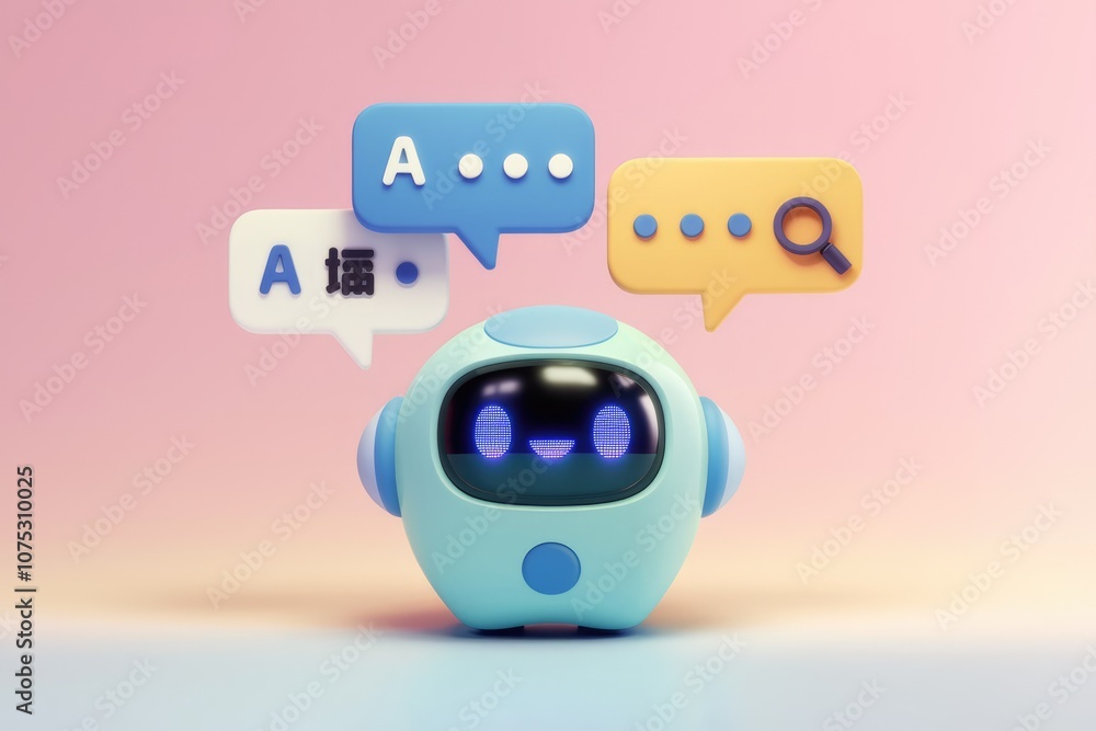 Poster a cute blue robot with speech bubbles and a magnifying glass.