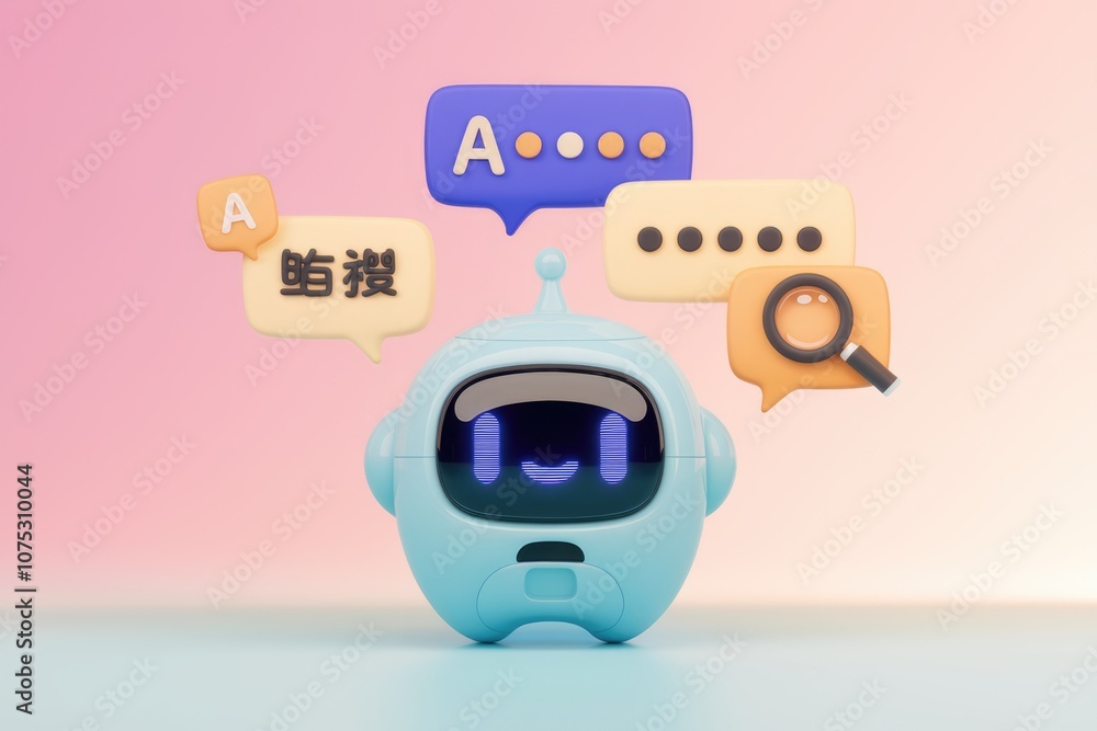 Poster a blue robot with speech bubbles and a magnifying glass.