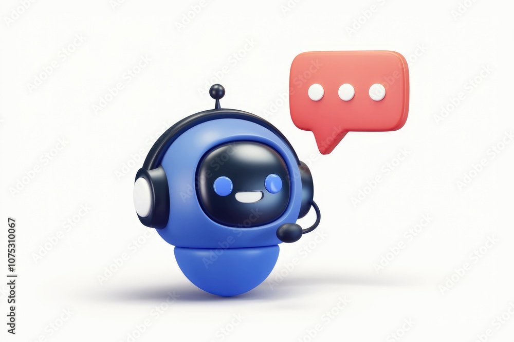 Poster A friendly blue robot with a headset holding a speech bubble  ready to assist.